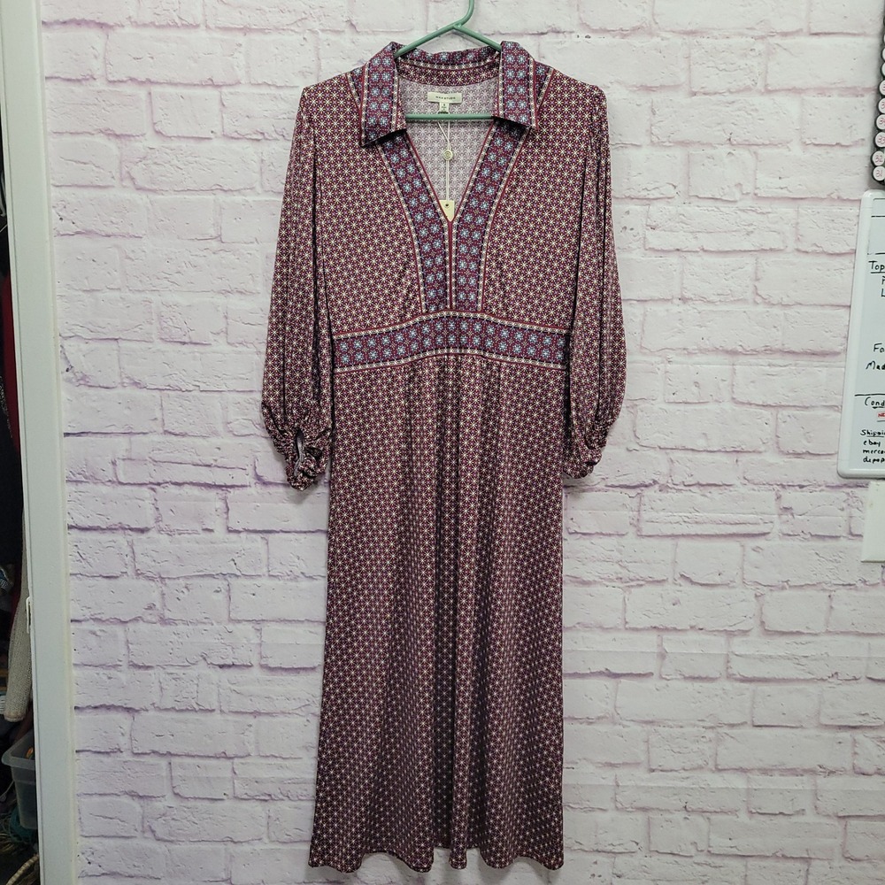 NEW Max Studio Boho Medallion Midi Dress S Collared Cottagecore Prairie Folk